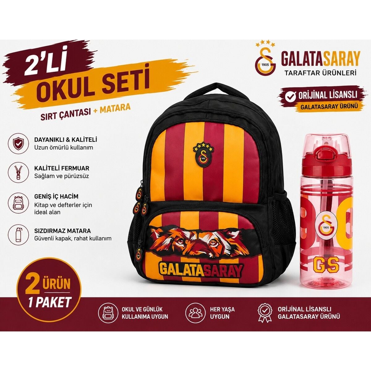Galatasaray Lisanslı Aslan Desenli Beslenme Çantası 26570+ Matara 26567