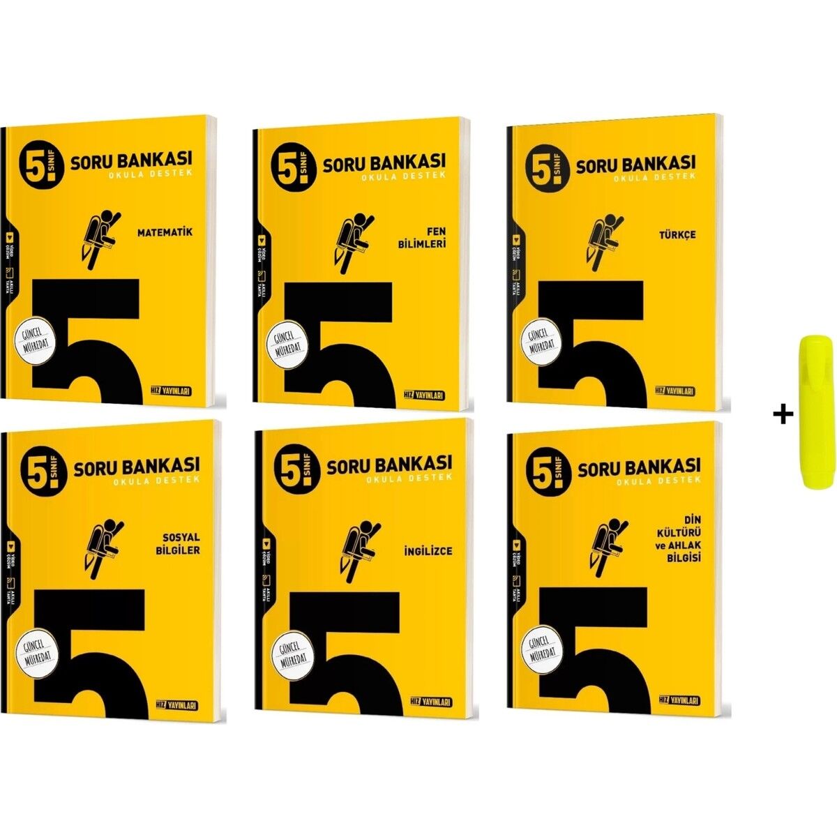 5. Sınıf Matematik Soru Bankası - Fen Bilimleri Soru Bankası - Türkçe Soru Bankası - İngilizce Soru Bankası 6'lı Set + Fosforlu Kalem
