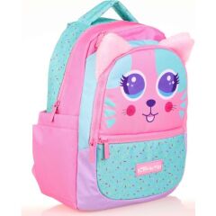 Kaukko Kids Yeşil Pembe Sevimli Kedi Kız Çocuk Okul Sırt Çantası