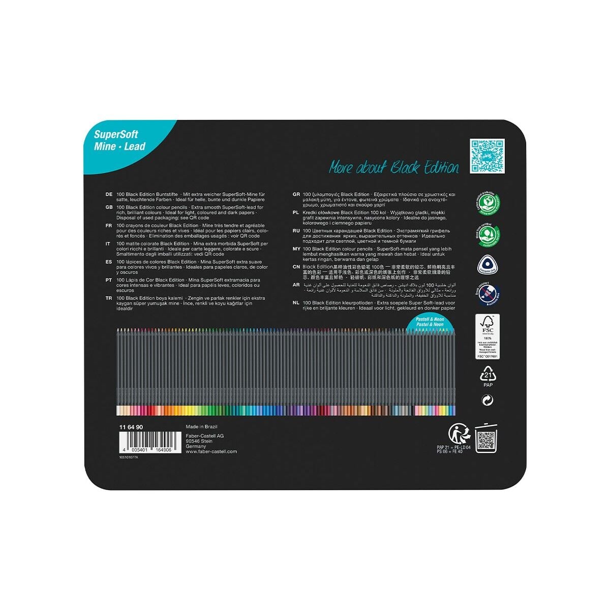 Faber-Castell Black Edition 100'lü Renkli Kalemler Metal Kutu, Kırılmaz, Çocuklar ve Yetişkinler İçin