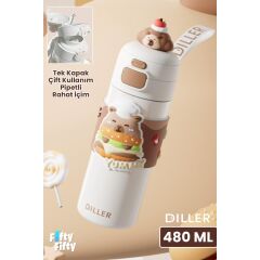 Dıller 480 ml Tek Kapak Çift Kullanım Pipetli/pipetsiz Taşıma El Askılı Vacum Cup/çelik Termos -FFD9351-480