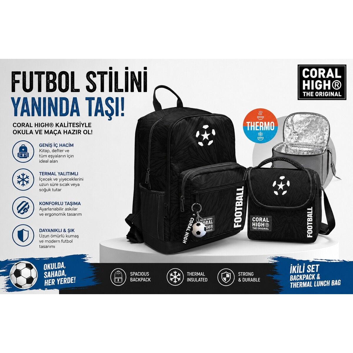Coral High Siyah Futbol Desenli Sırt Çantası 23698+Thermo Beslenme Çantası 22798