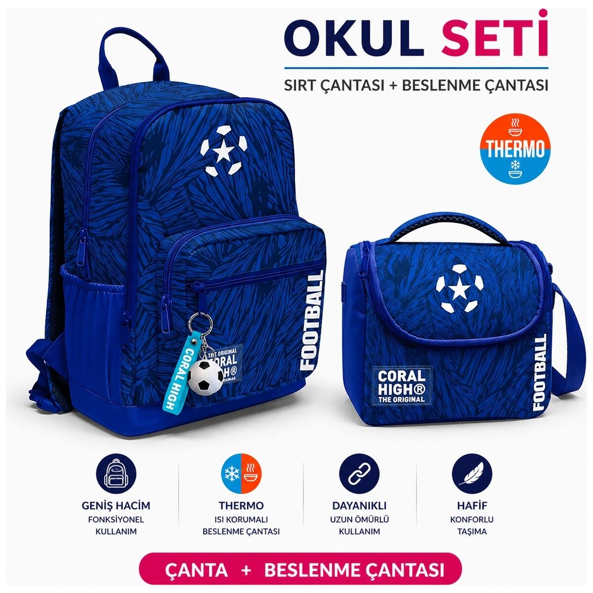Coral High Futbol Desenli Lacivert Sırt Çantası 23697+Thermo Beslenme Çantası 22797