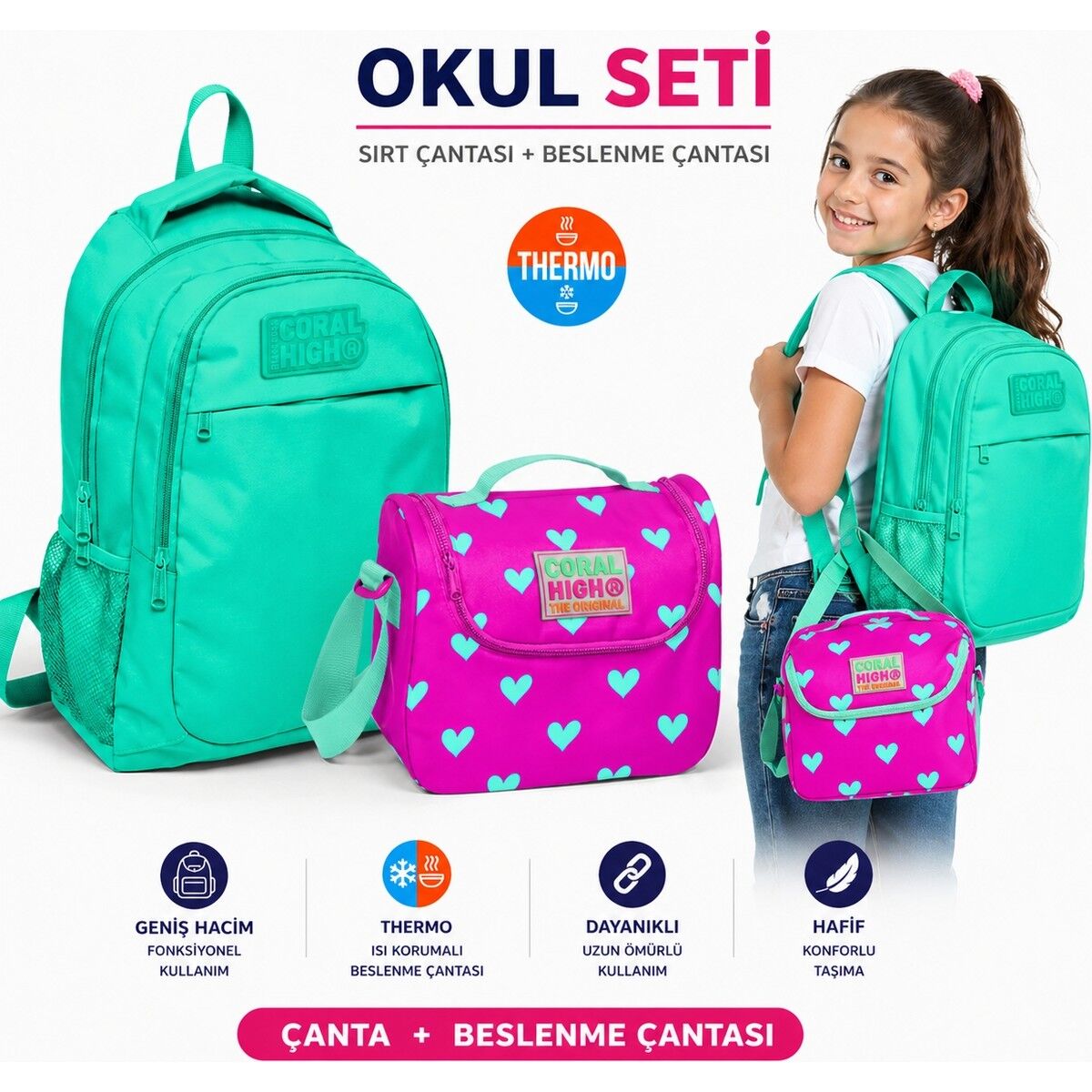 Coral High Su Yeşili Üç Bölmeli Sırt Çantası 14395+Thermo Beslenme Çantası 11806