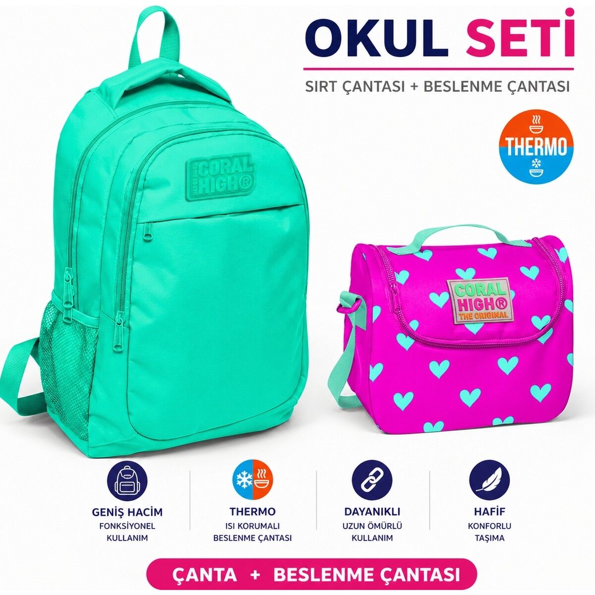 Coral High Su Yeşili Üç Bölmeli Sırt Çantası 14395+Thermo Beslenme Çantası 11806