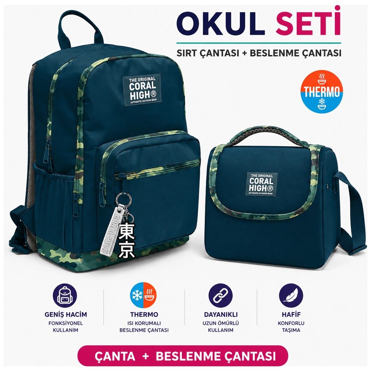 Coral High Kamuflaj Desenli Sırt Çantası 23631+ Thermo Beslenme Çantası 11771