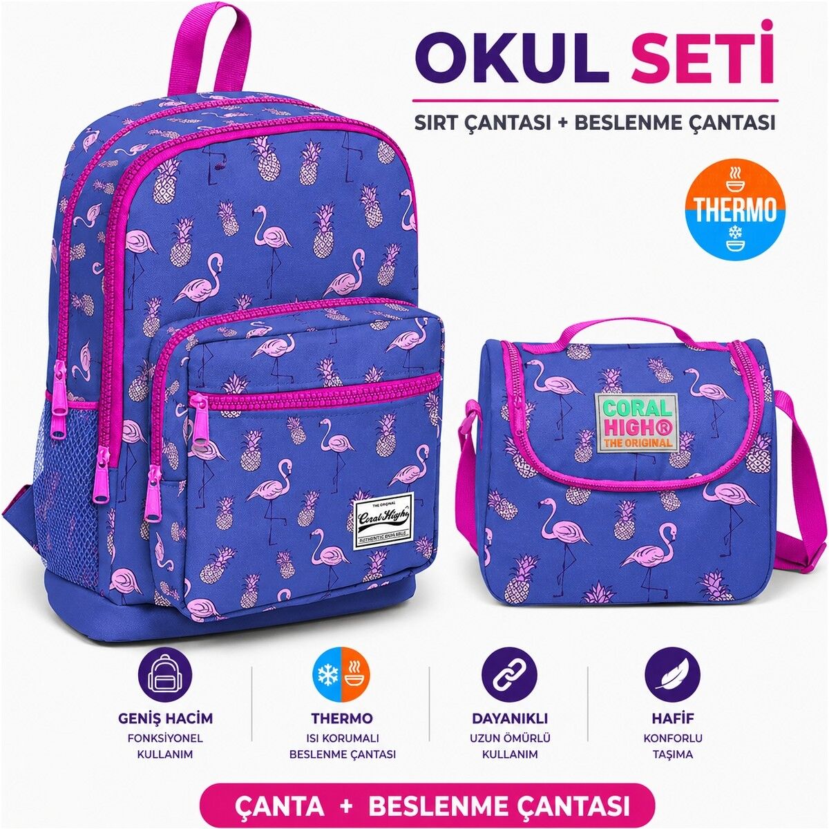 Coral High Flamingo Desenli Okul Sırt Çanta 23112+ Beslenme Çantası Kız Çocuk 11805