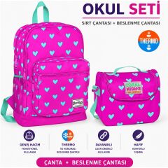 Coral Hıgh Sırt Çantası 23113+ Pembe Su Yeşili Kalp Desenli Thermo Beslenme Çantası 11806