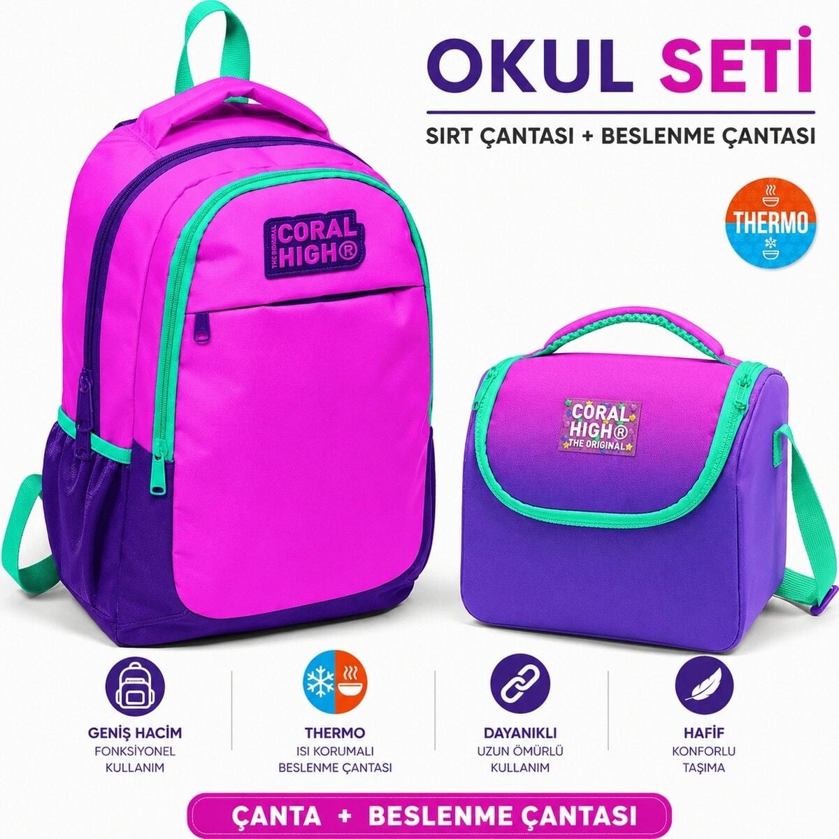 Mor Pembe Üç Bölmeli Okul Sırt Çantası 14401+PEMBE Mor Renk Geçişli Thermo Beslenme Çantası 11762