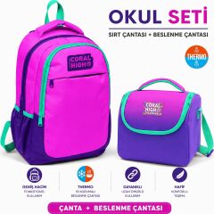 Mor Pembe Üç Bölmeli Okul Sırt Çantası 14401+PEMBE Mor Renk Geçişli Thermo Beslenme Çantası 11762