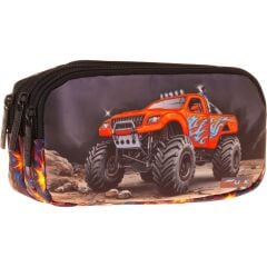 Kaukko Kids Arazi Aracı Baskılı Siyah - Kırmızı Erkek Çocuk Okul Kalemliği Kalem Çantası - L5361