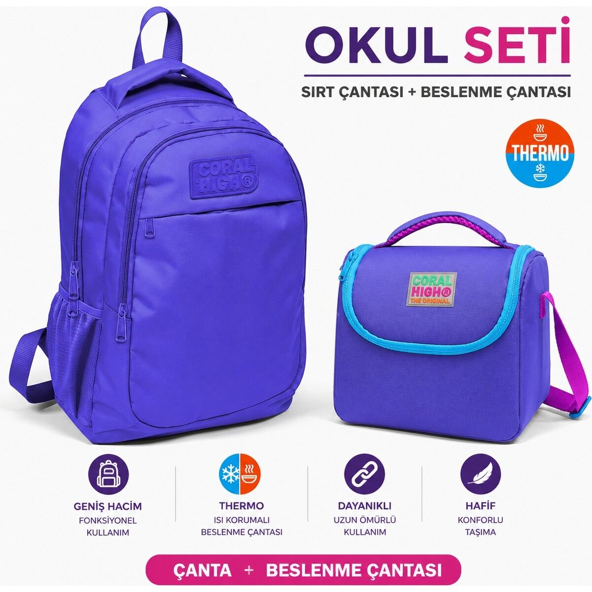 Coral High Lavanta Üç Bölmeli Okul Sırt Çantası 14402+Pembe Thermo Beslenme Çantası 11703
