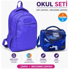 Lavanta Üç Bölmeli Okul Sırt Çantası 14402+ Kamuflaj Desenli Thermo Beslenme Çantası 22789