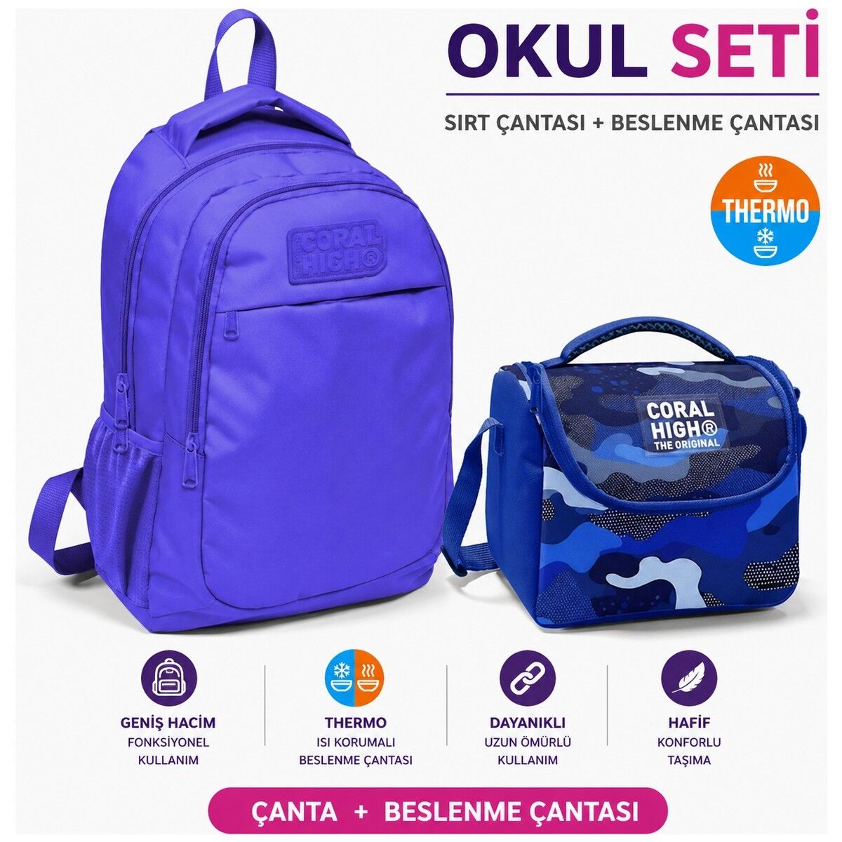 Coral High Lavanta Üç Bölmeli Okul Sırt Çantası 14402+ Kamuflaj Desenli Thermo Beslenme Çantası 22789