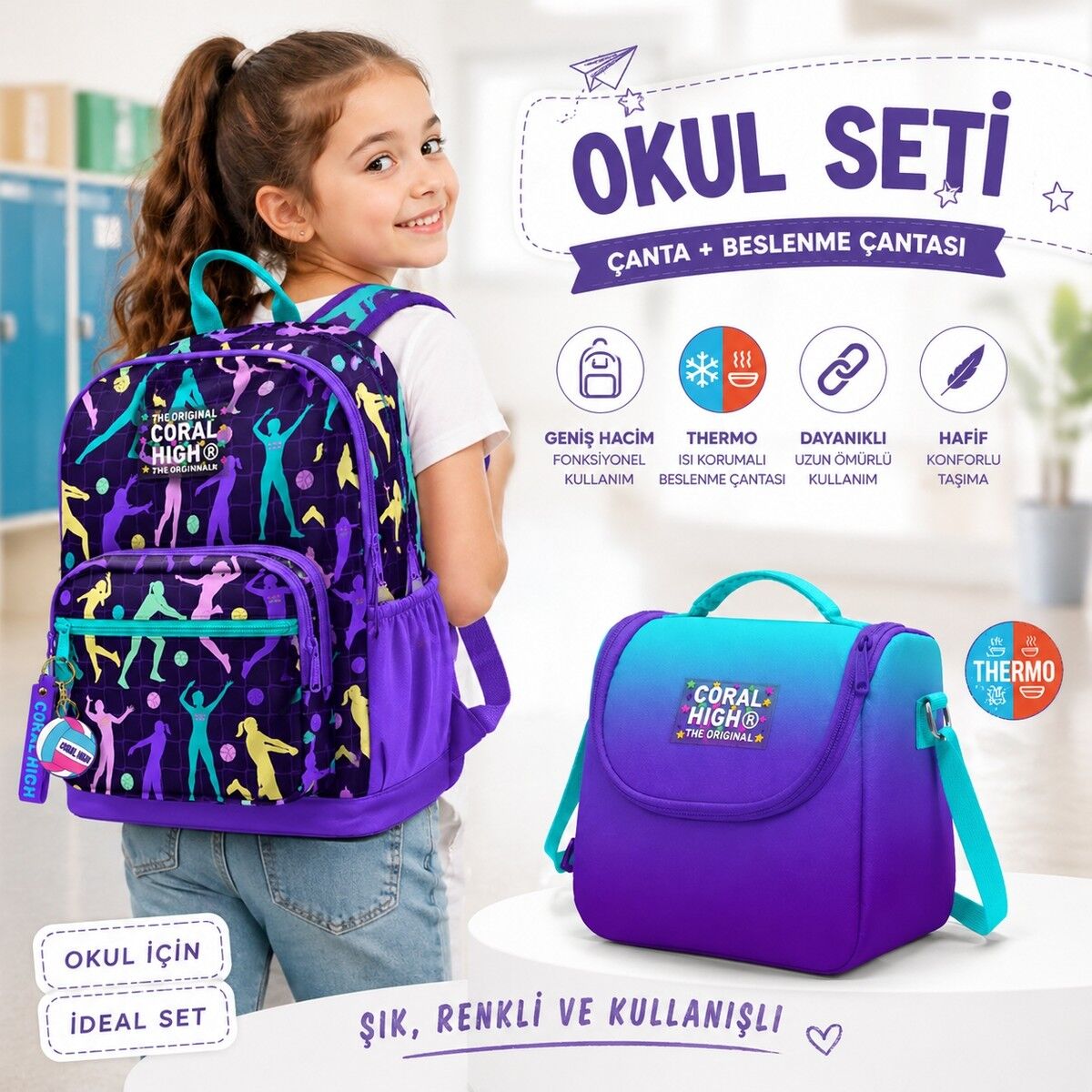 Coral High Mor Voleybol Sırt Çantası 23636+TURKUAZ Mor Renk Geçiş Thermo Beslenme Çantası 11763