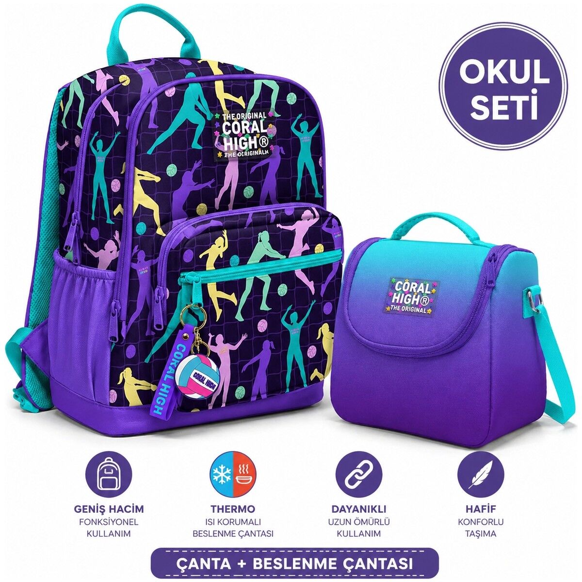 Coral High Mor Voleybol Sırt Çantası 23636+TURKUAZ Mor Renk Geçiş Thermo Beslenme Çantası 11763
