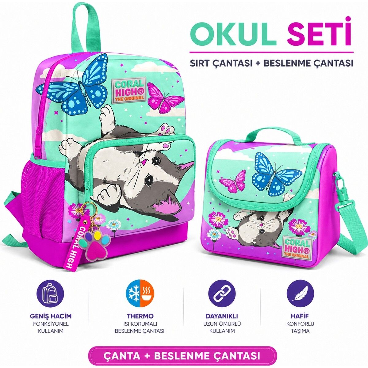 Kids Kedi Desenli Iki Bölmeli Okul Sırt Çantası 23607+KEDI Desenli Thermo Beslenme Çantası 11707