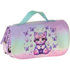 Wow Generation Kaukko Kids Taşıma Askılı Kız Çocuk Mor Kedi Desenli Şık Kalem Çantası (Yeşil - Mor) - L5290