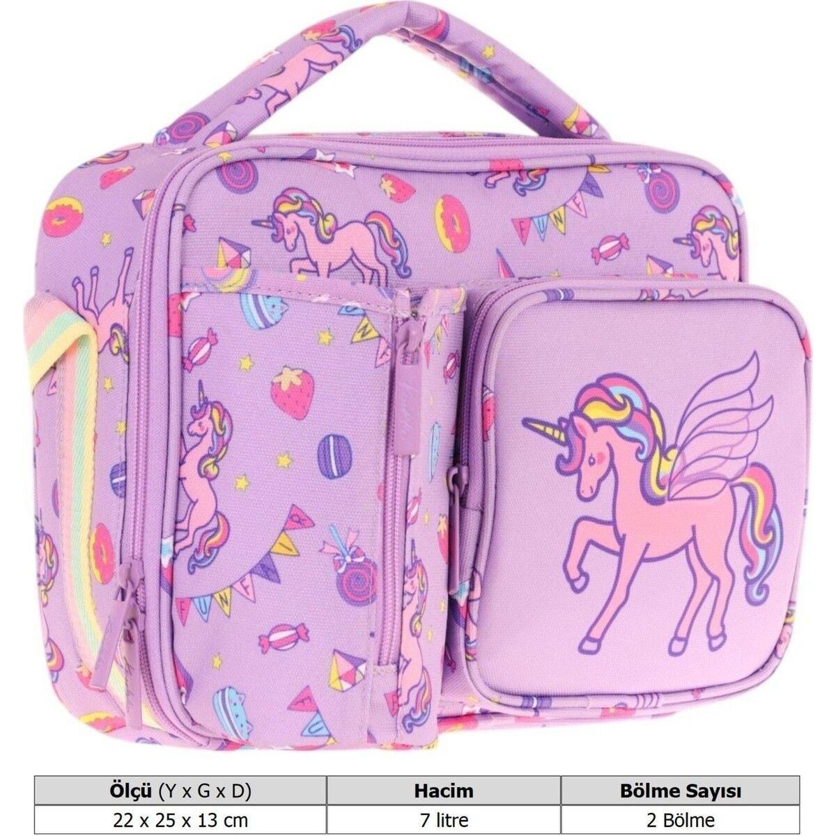 Kaukko Kız Çocuk, Lila, Unicorn Baskılı Isı Yalıtımlı Üç Bölmeli (Matara Cepli) Okul Beslenme Çantası L7221