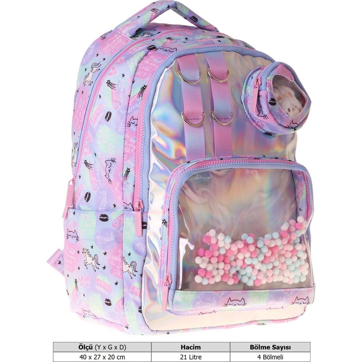 Kaukko Kids Kız Çocuk Dream Baskılı Çok Renkli Peluş Aksesuarlı Ilkokul Okul Sırt Çantası - L5343