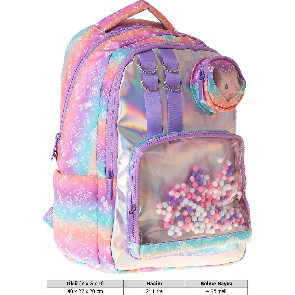 Kaukko Kids Kız Çocuk Renk Geçişli Lila Peluş Aksesuarlı Ilkokul Okul Sırt Çantası - L5348