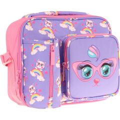 Kaukko Kız Çocuk, Lila Pembe, Kedi Baskılı Isı Yalıtımlı Üç Bölmeli (Matara Cepli) Okul Beslenme Çantası L7236