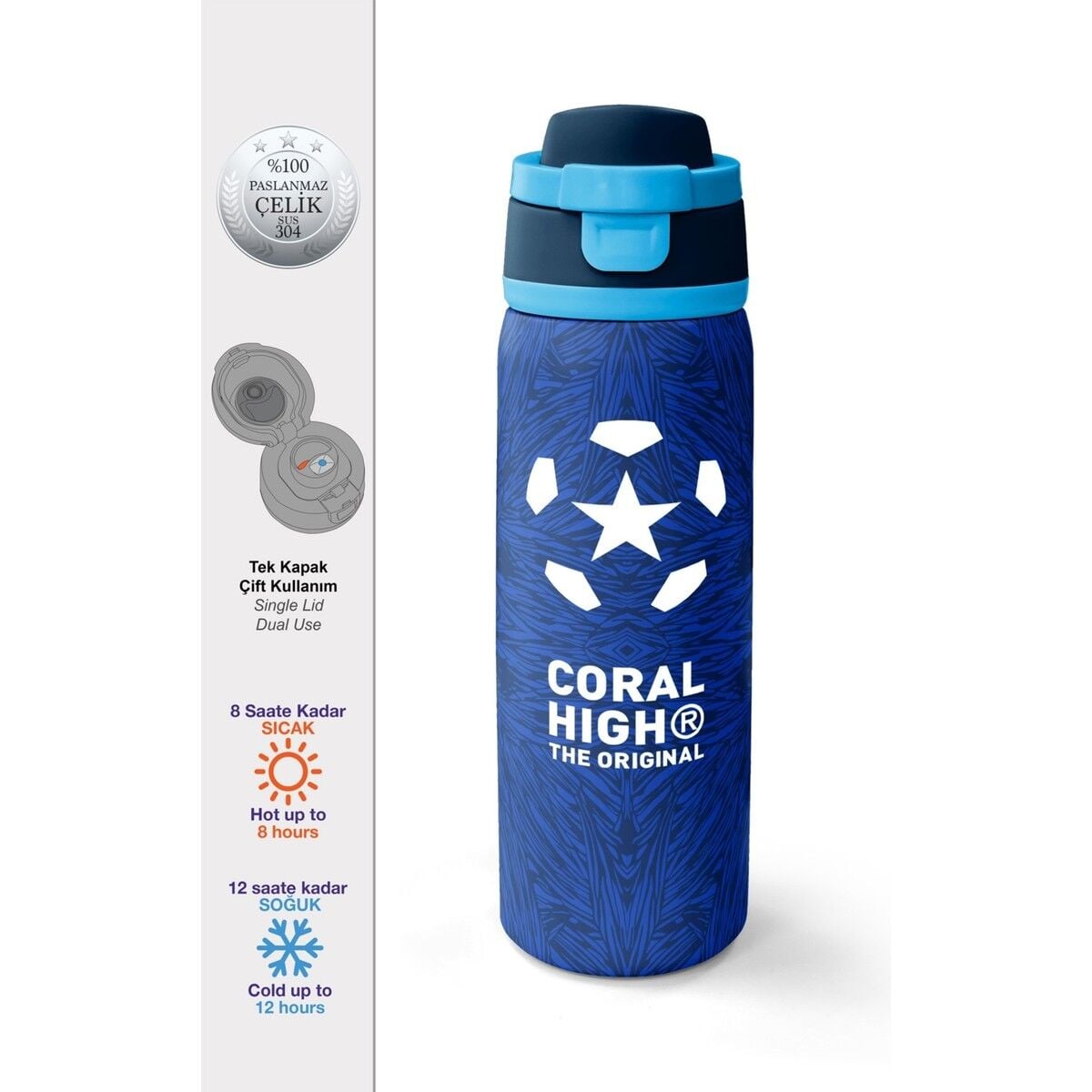 Coral High Lacivert Saks Futbol Desenli Pipetli ve Direkt Içim Çelik Termos 800 ml 38557