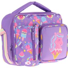 Kaukko Kız Çocuk, Lila Pembe, Unicorn Desenli Isı Yalıtımlı Üç Bölmeli (Matara Cepli) Okul Beslenme Çantası L7224