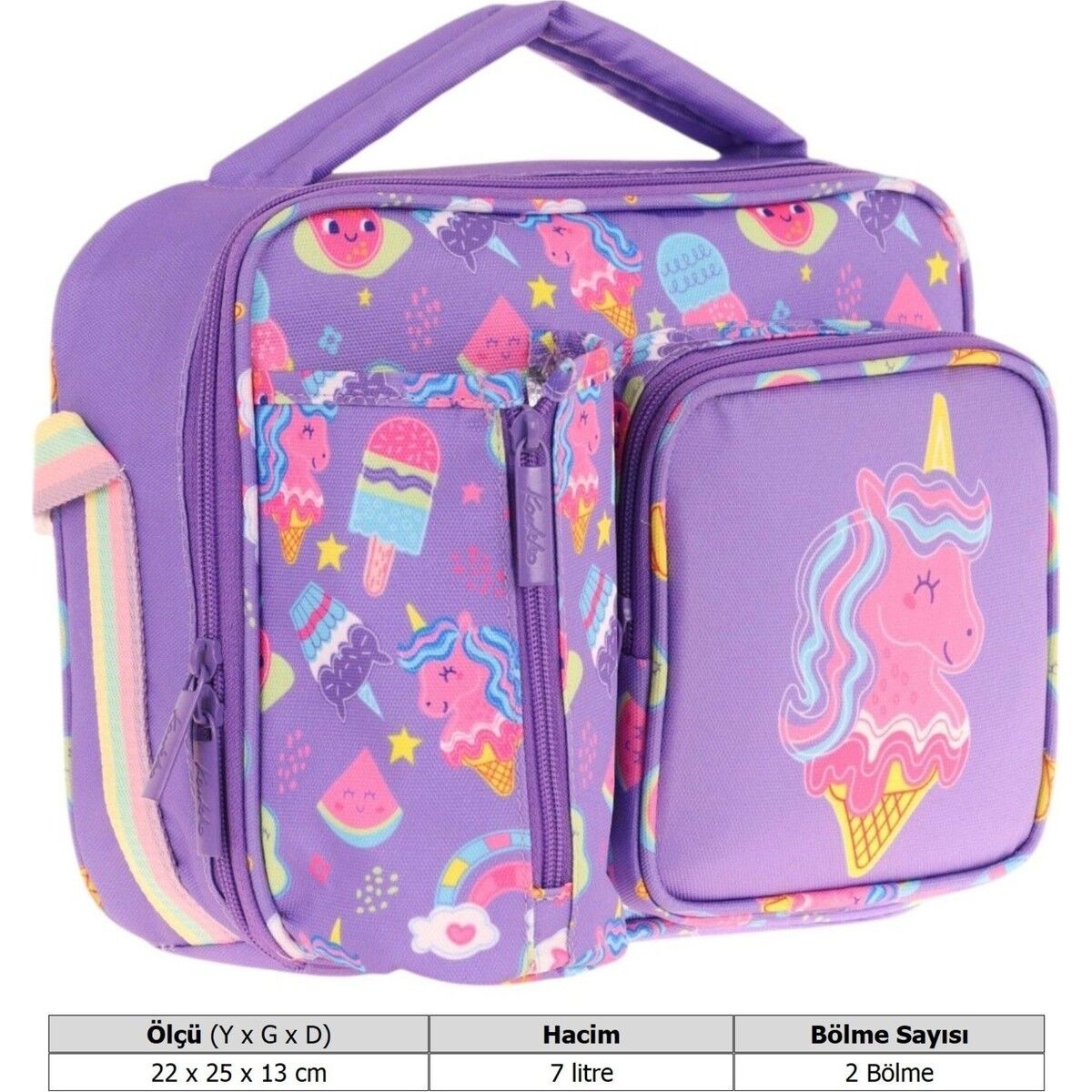 Kaukko Kız Çocuk, Lila Pembe, Unicorn Desenli Isı Yalıtımlı Üç Bölmeli (Matara Cepli) Okul Beslenme Çantası L7224