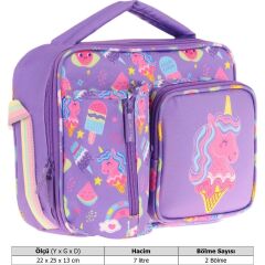 Kaukko Kız Çocuk, Lila Pembe, Unicorn Desenli Isı Yalıtımlı Üç Bölmeli (Matara Cepli) Okul Beslenme Çantası L7224