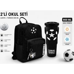 Siyah Futbol Desenli Okul Sırt Çantası 23698+ÇELIK Termos 900 ml 38722