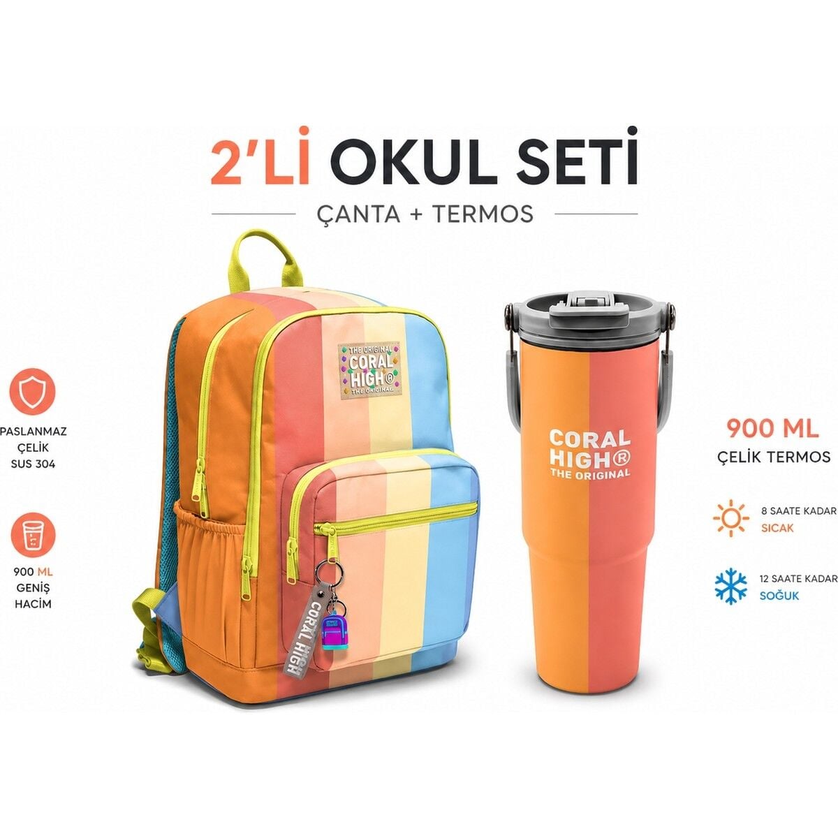 Renkli Çizgili Dört Bölmeli Sırt Çantası 23680+ÇELIK Termos 900 ml 38746