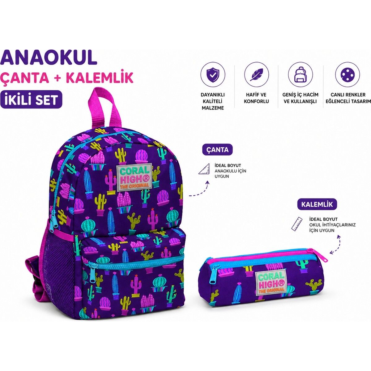 Kaktüs Baskılı Anaokulu Çantası 23337+ Üç Bölmeli Kalemlik 22313