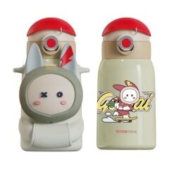 Vagonlife CS 8098 Sevimli Ses Çıkaran Kılıflı Pipetli Askılı Çelik Termos Çocuk Matarası