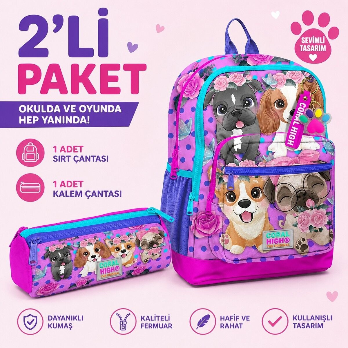 Coral High Pembe Köpek Desenli Sırt Çantası 23750+ Kalemlik 22050