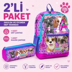 Coral High Pembe Köpek Desenli Sırt Çantası 23750+ Kalemlik 22050