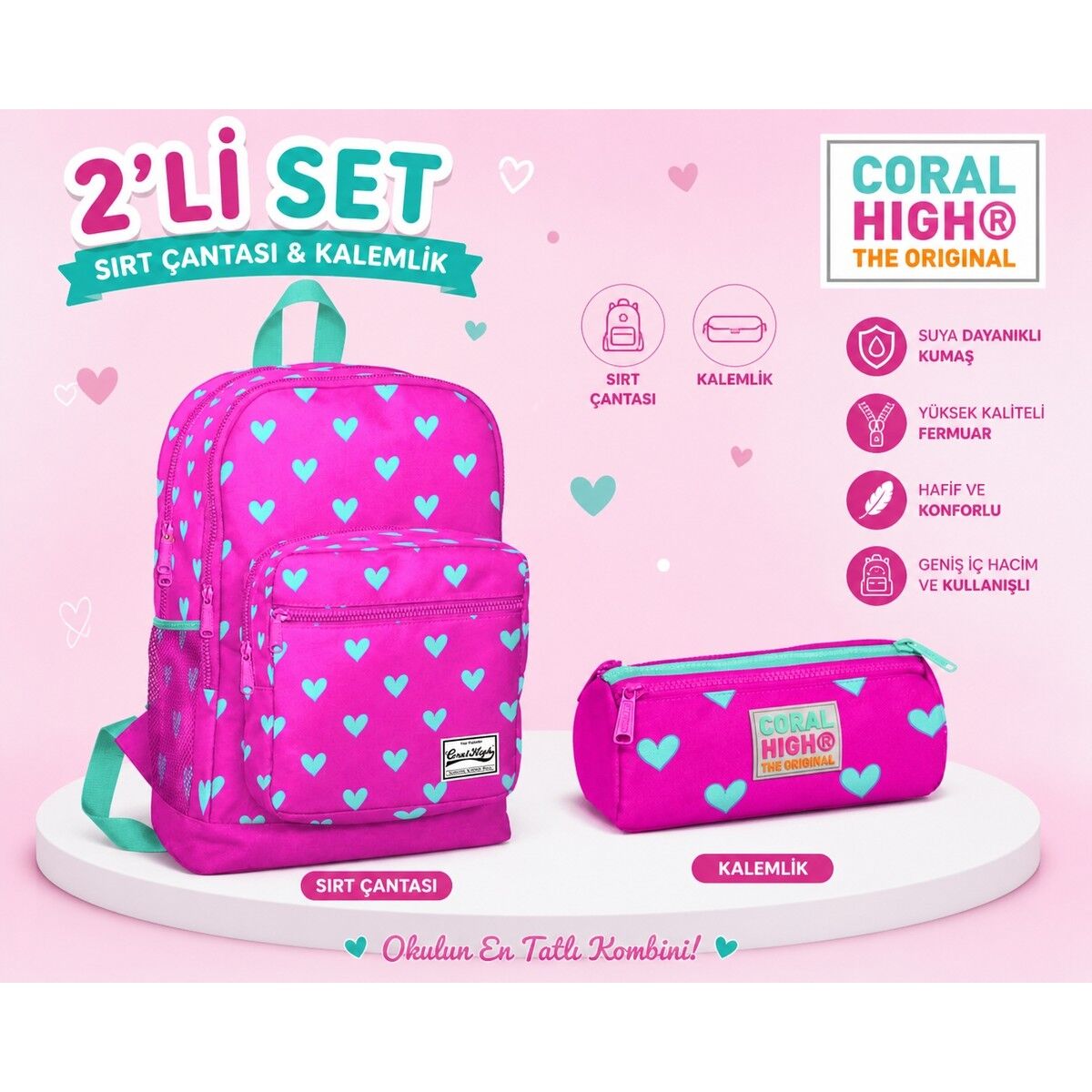 Coral Hıgh Kalp Desenli Pembe Yeşil Sırt Çantası 23113+ Kalemlik 22317