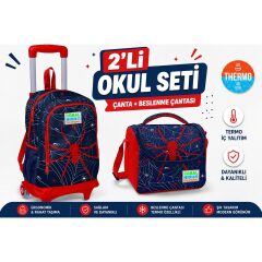 Kids Lacivert Kırmızı Işıklı Tekerlekli Çekçekli Sırt Çantası 23920+ Kalemlik 11720