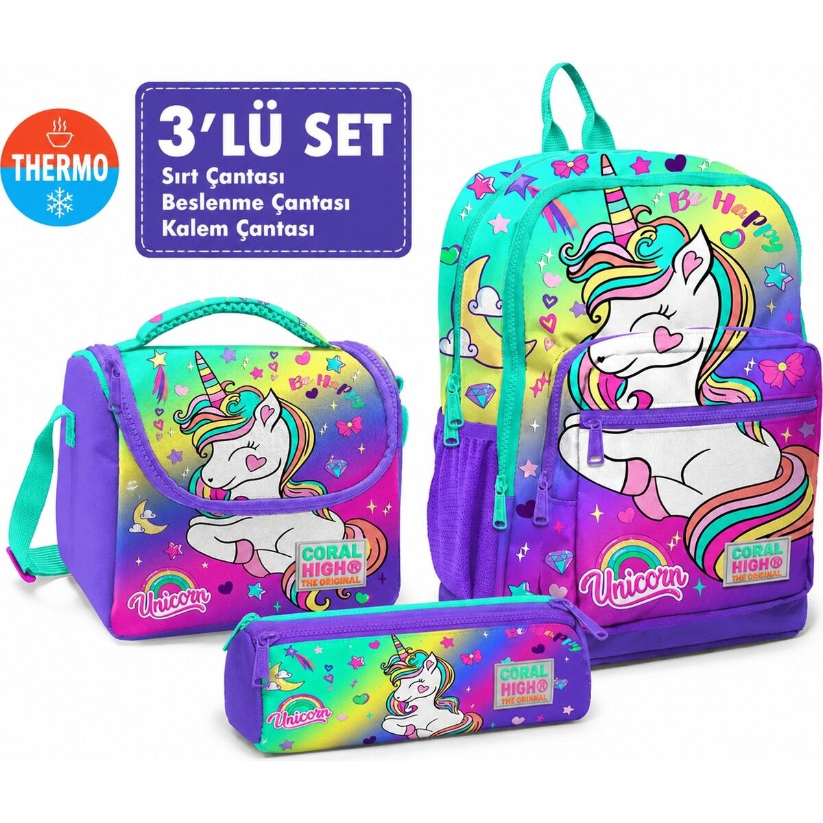 Mor Su Yeşili Unicorn Sırt Çantası 23729+ Beslenme Çantası 11729+ Kalemlik 22029