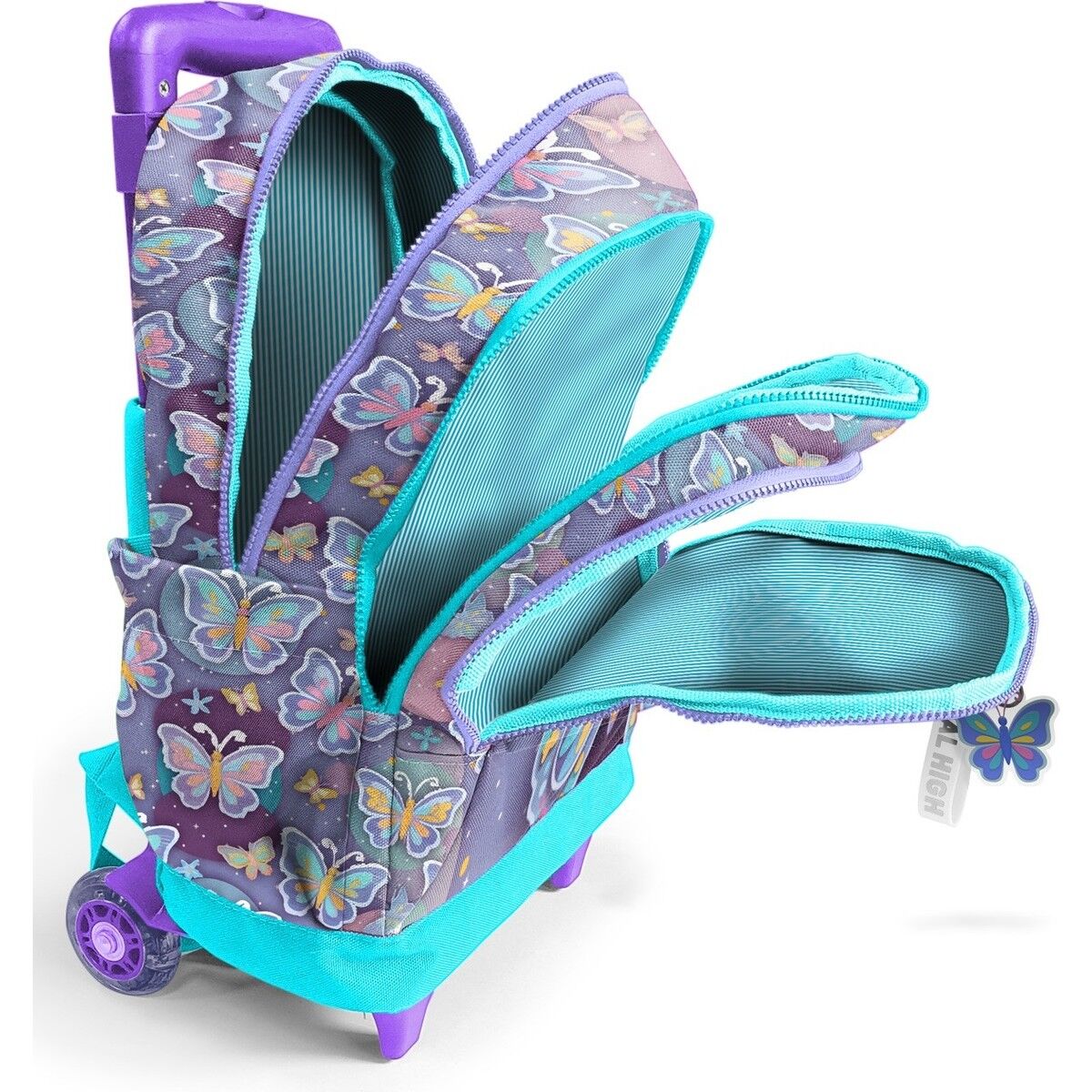 Kids Pastel Renkli Kelebek Desenli Üç Bölmeli Çekçekli Okul Sırt Çantası 34006