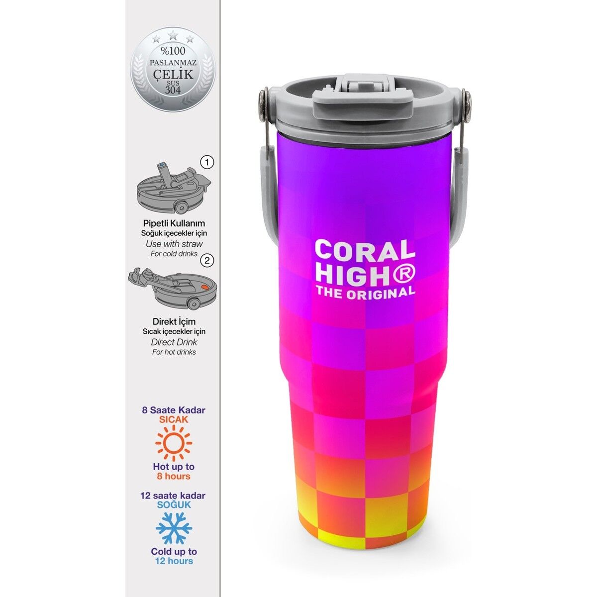 Coral High Kids Neon Renkli Dama Desenli Pipetli ve Direkt Içim Çelik Termos 900 ml 38729