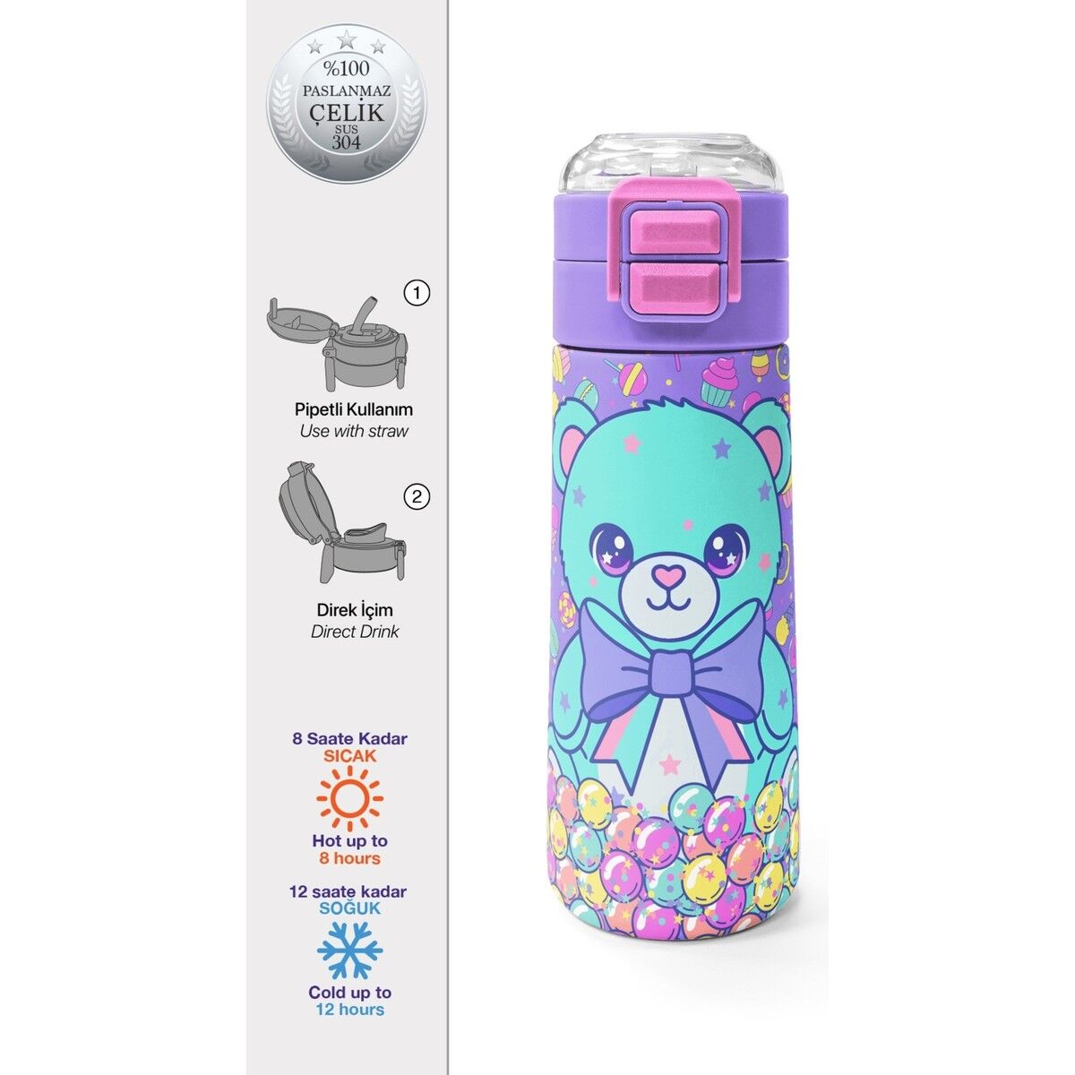 Coral High Kids Milka Şeker Ayıcık Desenli Pipetli ve Direkt Içim Çelik Termos 500 ml 38105