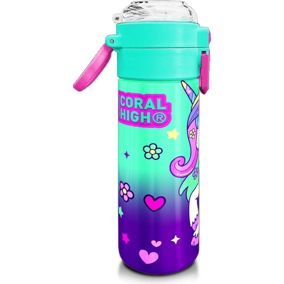 Coral High Kids Mor Su Yeşili Unicorn Desenli Pipetli ve Direkt Içim Çelik Termos 500 ml 31805