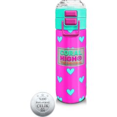 Coral High Kids Neon Pembe Su Yeşili Kalp Desenli Pipetli ve Direkt Içim Çelik Termos 500 ml 31906