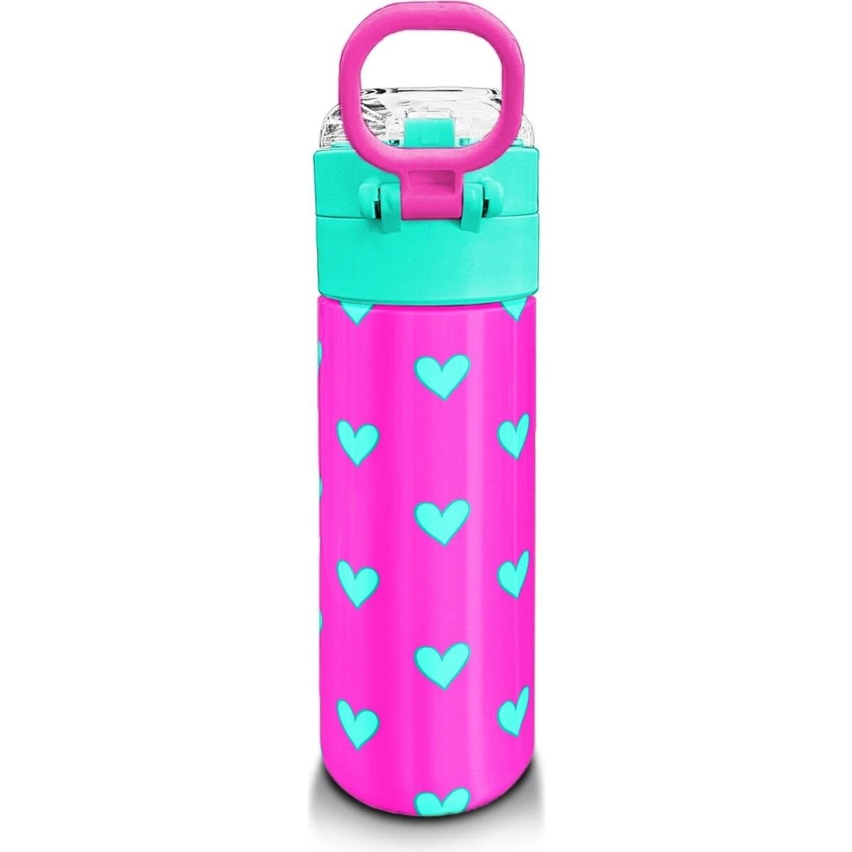 Coral High Kids Neon Pembe Su Yeşili Kalp Desenli Pipetli ve Direkt Içim Çelik Termos 500 ml 31906