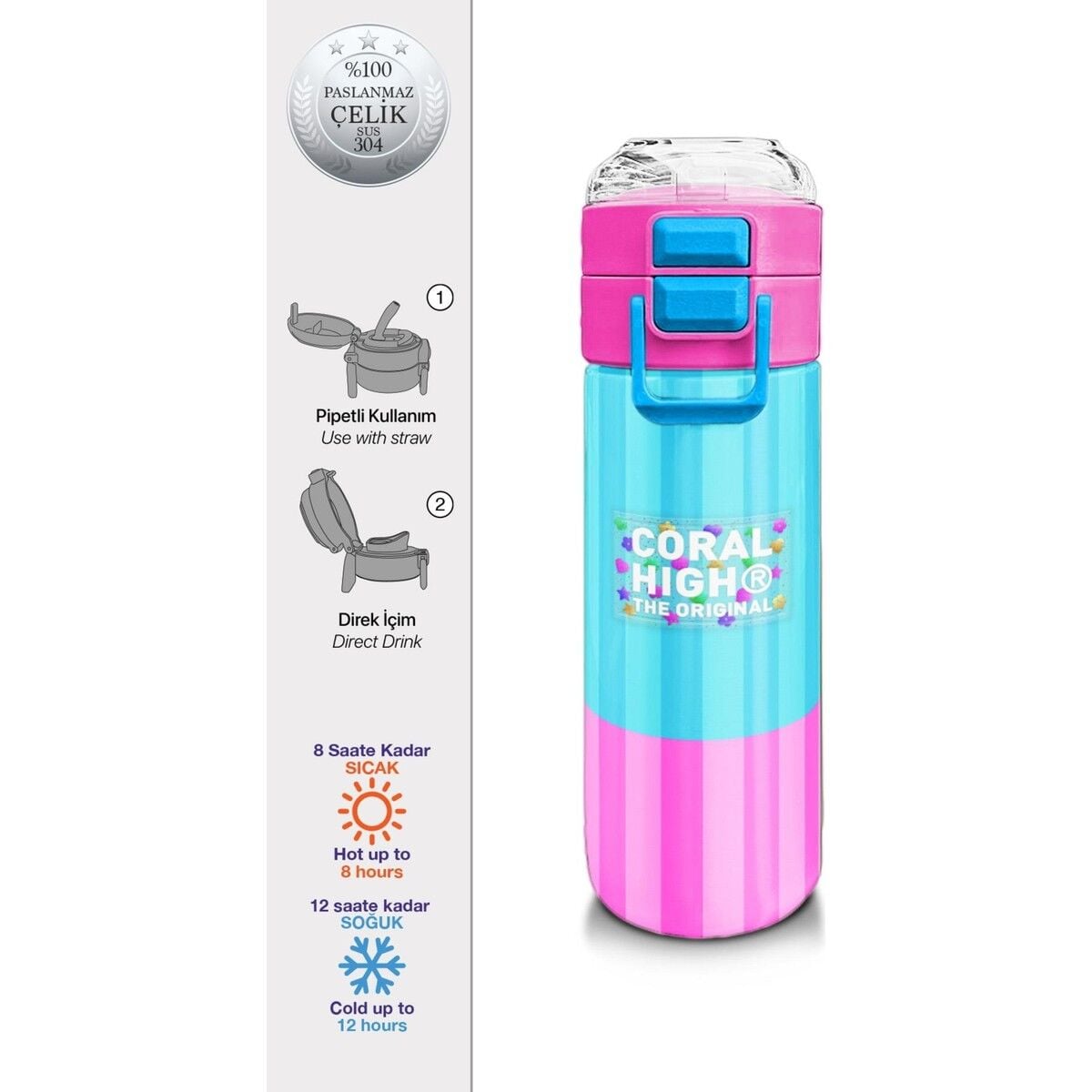 Coral High Kids Renkli Çizgili Desenli Pipetli ve Direkt Içim Çelik Termos 500 ml 31987