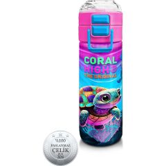 Coral High Kids Pembe Mor Kaplumbağa Desenli Pipetli ve Direkt Içim Çelik Termos 500 ml 31957