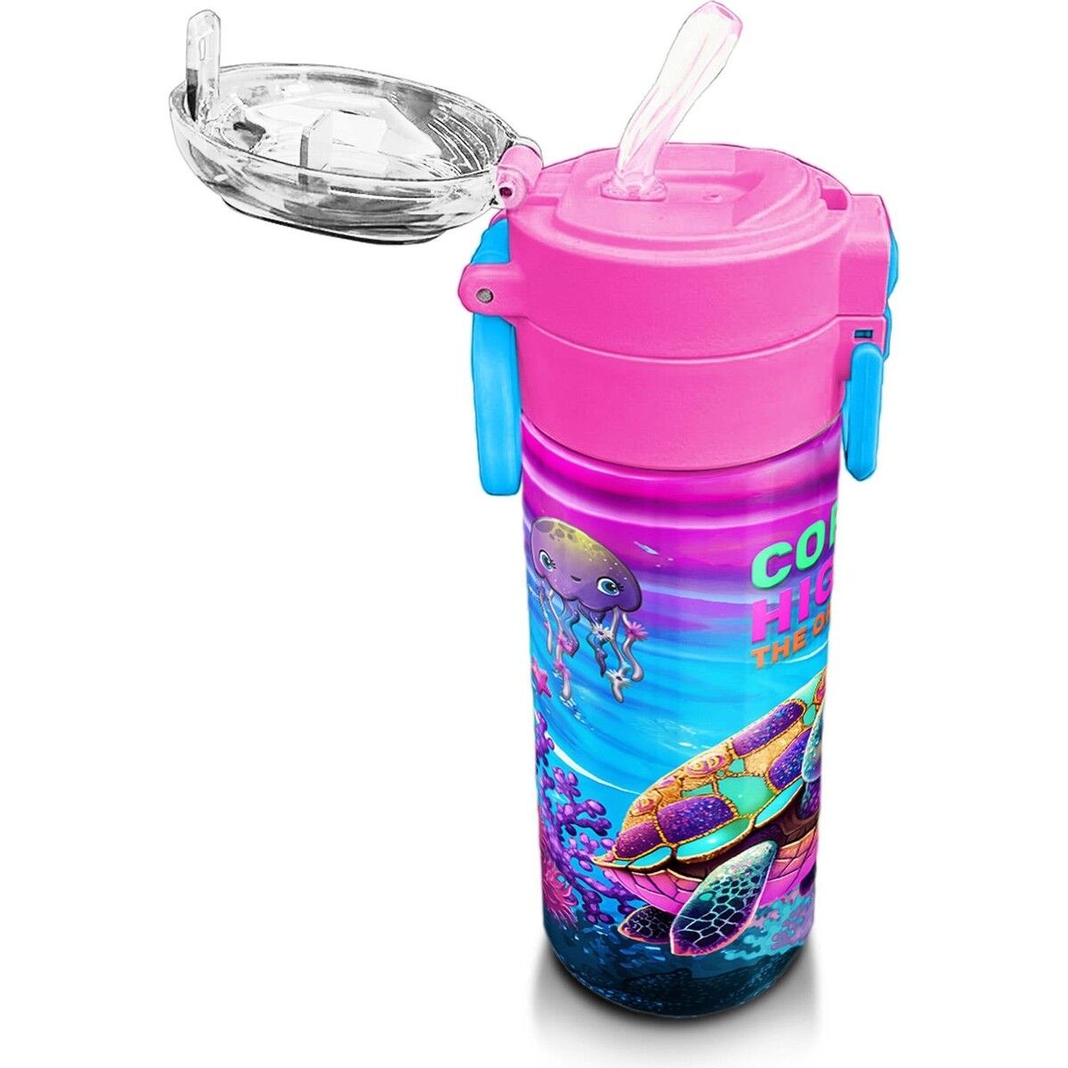 Coral High Kids Pembe Mor Kaplumbağa Desenli Pipetli ve Direkt Içim Çelik Termos 500 ml 31957