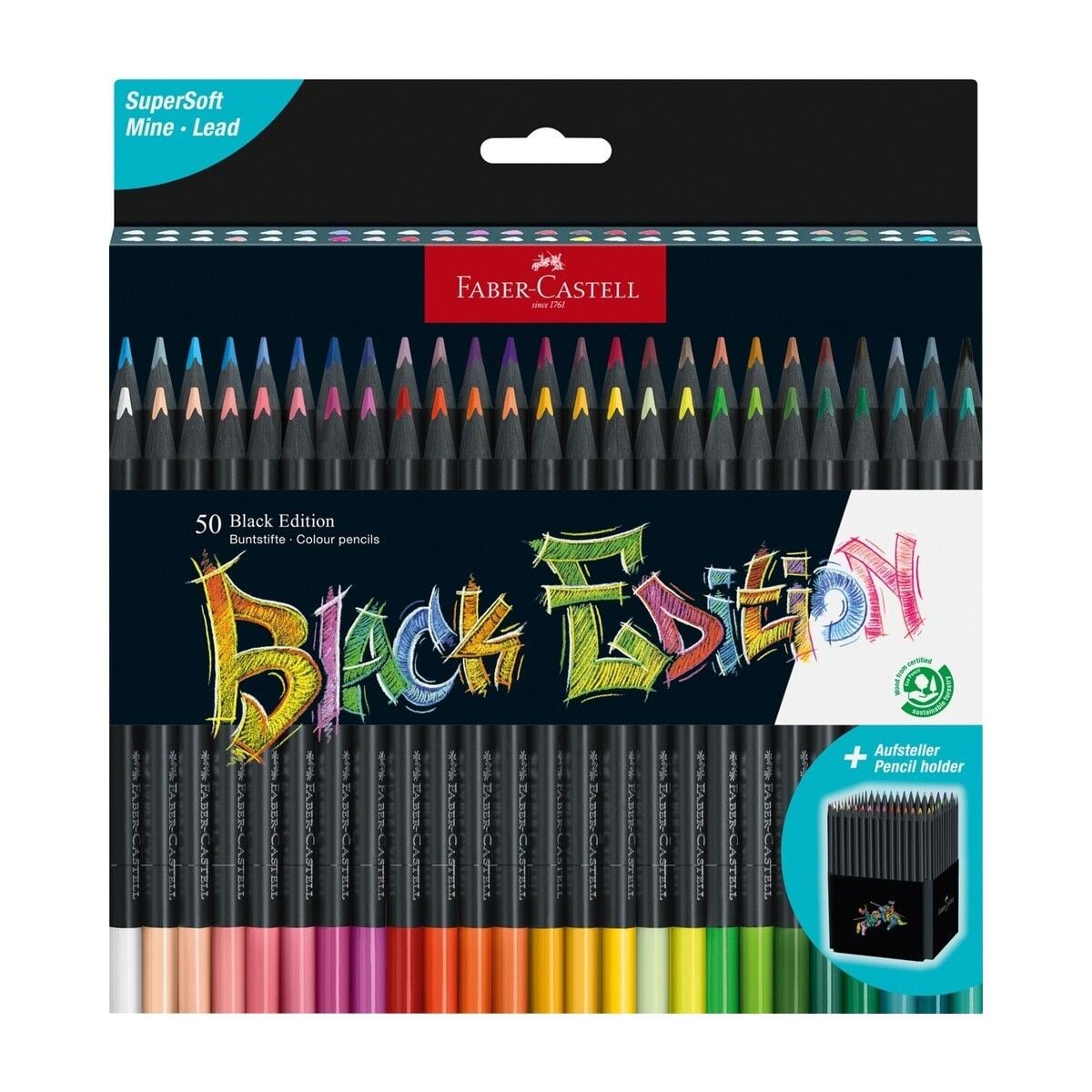 Faber-Castell Renkli kalemler Blackwood, Black Edition, 50'li kutu, parlak renkler, yumuşak çizgili, siyah ahşap