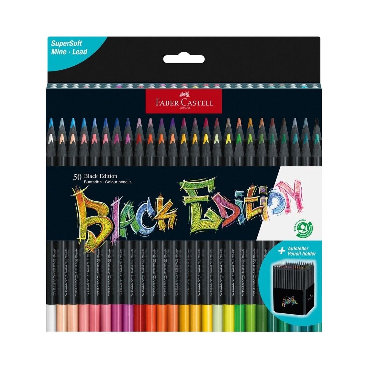 Faber-Castell Renkli kalemler Blackwood, Black Edition, 50'li kutu, parlak renkler, yumuşak çizgili, siyah ahşap